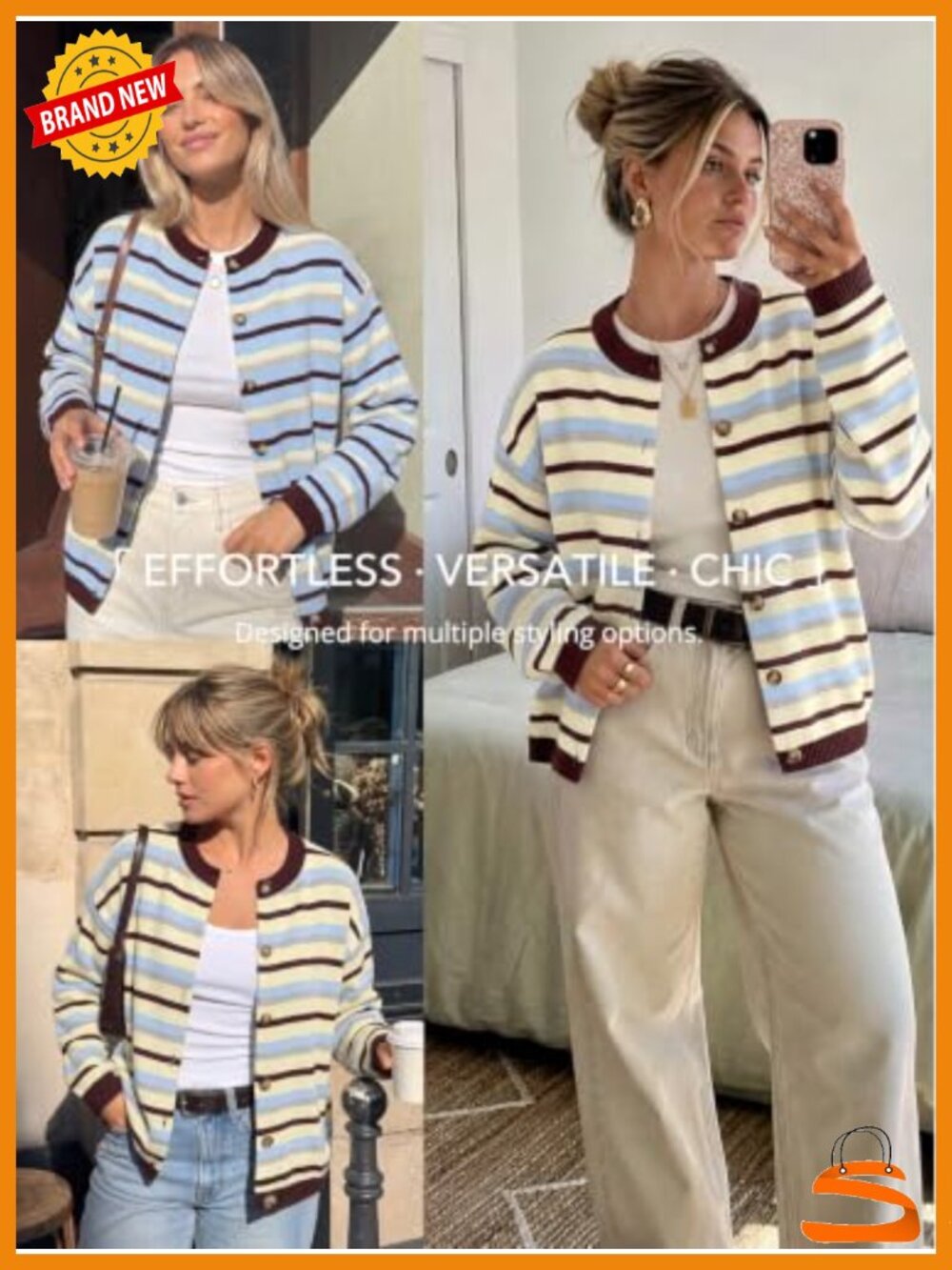 Striped Button Front Cardigan Sweater Cotton Blend Long Sleeve - Picture 5 of 5